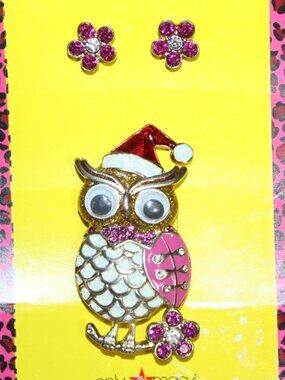 NWT Vintage Authentic Betsey Johnson Owl Brooch & Earring Set Exclusive to Macys